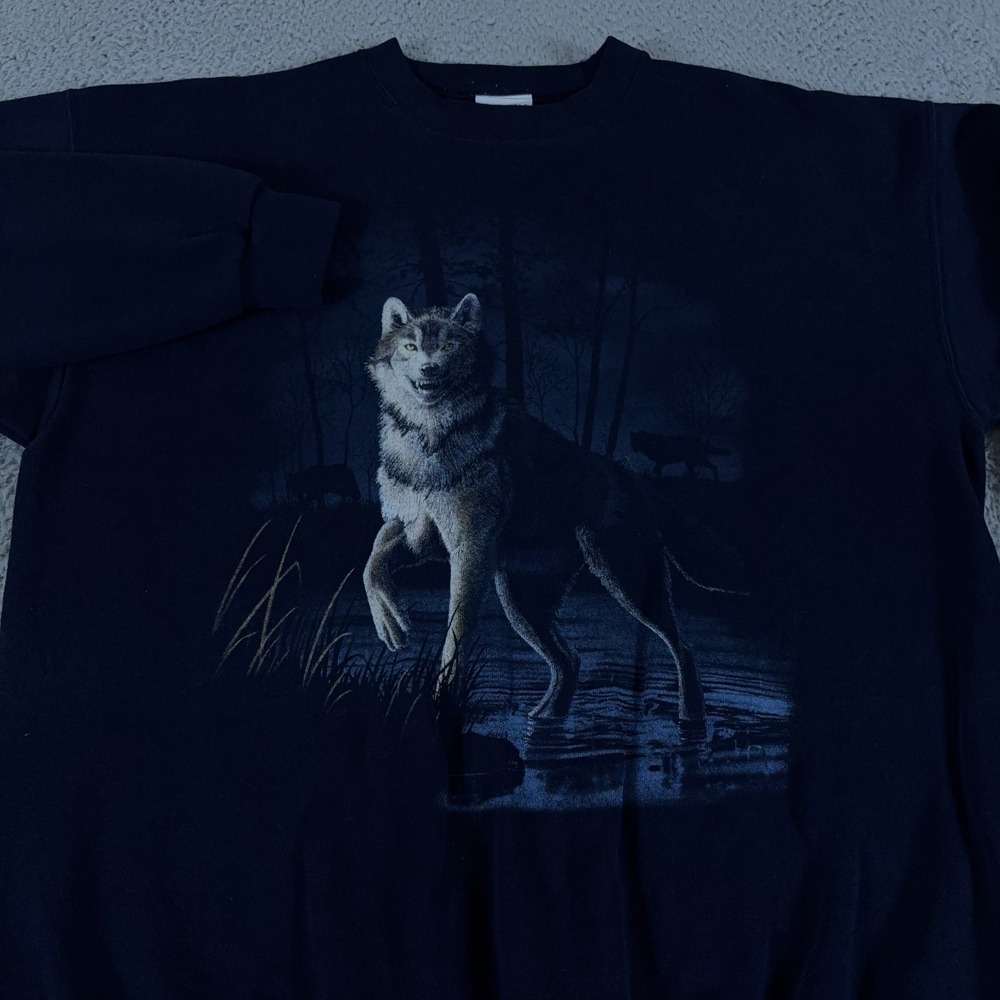 VINTAGE 90s Artisans Wolf Sweatshirt Mens XL Navy Crewneck Graphic Pack Creek